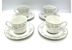 Vintage Platinum Rose Fine China Set of 4 Cups & Saucers Made in Japan
